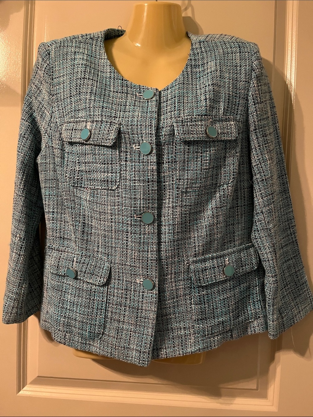 Women’s Tweed Button-Front Jacket in Teal Blue, Size 14P, NWT